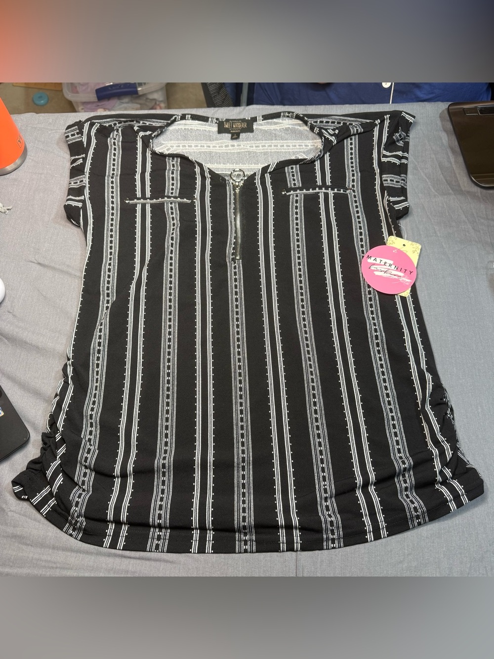 Sweet Wanderer Black and White Striped Maternity Top